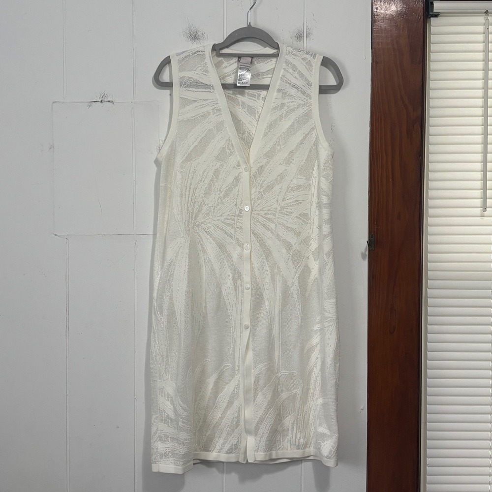 Chicos White Palm Leaf Burnout Knit Longline Button Front Cardigan Vest Size 1 M